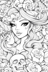 A woman with long hair and a skull on her head