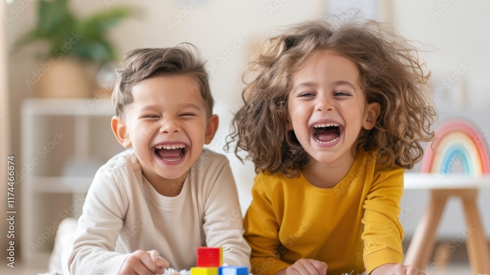 Poster two children are joyfully playing together, laughing and engaging with colorful building blocks in a
