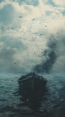 Solitude at Sea: A Dramatic Landscape of a Boat and Birds