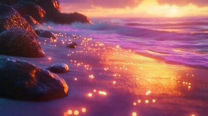 Vivid Neon Sunset over Glowing Bioluminescent Shoreline &ndash; Mesmerizing Seascape for Dreamy Coastal Art for Wallpaper