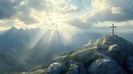 Crucifix on a serene mountain ridge surrounded by radiant sunlight breaking through a cloudy sky