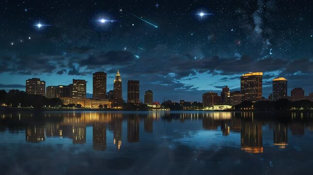 landscape silhouette view of office building with lake at night with stars. Virtual 4K video animation background with looping time lapse with very smooth graphics.