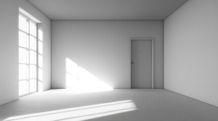 Empty concrete room corner with sunlight. Vector realistic illustration of house interior perspective with shadows on white painted walls and floor, gray ceiling, 3D apartment or office mockup