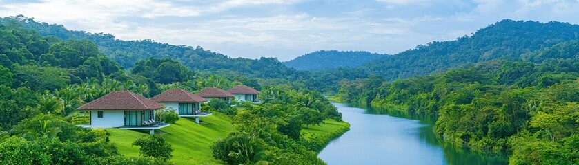 Lush green landscape featuring serene river and charming cottages nestled among hills under a clear sky.