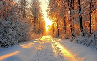 Sunlit snowy path through winter forest.
