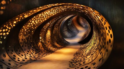 Endless spiral tunnel with intricate metallic patterns illuminated softly