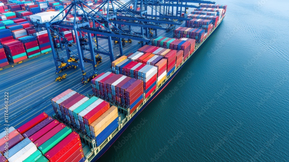 Poster aerial view of a bustling port with colorful shipping containers stacked neatly along the dock, read