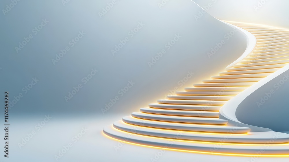 Poster a smooth, illuminated staircase curves upward against a minimalistic background, creating a serene a