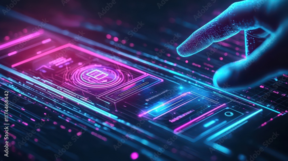 Poster a futuristic hand interacts with a glowing digital interface, showcasing vibrant colors and intricat