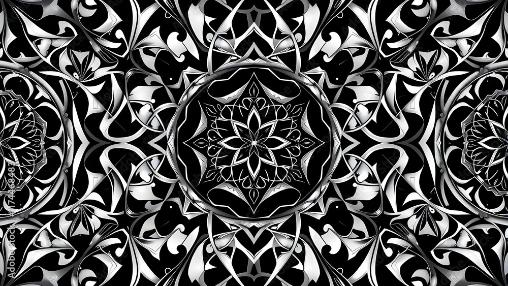 Poster digital illustration, geometric abstract colorful kaleidoscope symmetrical pattern with gradient eff