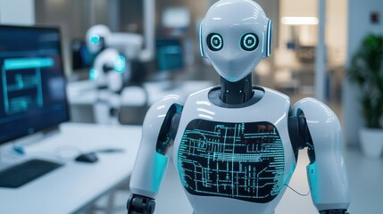 A futuristic robot with a digital interface stands in a modern workspace, showcasing advanced technology and artificial intelligence.