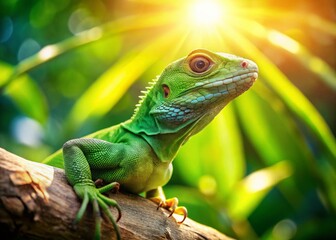 Fototapeta premium Basking Lizard on Tree Branch: Sunny Day Reptile Stock Photo