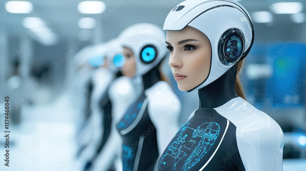 Poster a futuristic scene featuring humanoid robots with sleek designs and digital interfaces, lined up in 