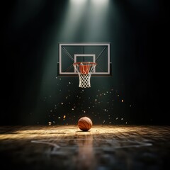 March Madness basketball concept with a hoop and ball in dramatic lighting.