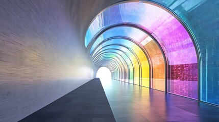Spiral tunnel with transparent glass surfaces refracting colorful ambient light