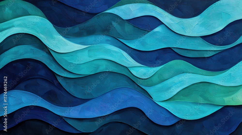 Poster a vibrant abstract design featuring undulating waves in varying shades of blue and green, creating a
