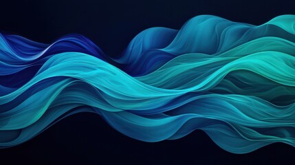 A flowing abstract design featuring waves in shades of blue and green against a dark background.