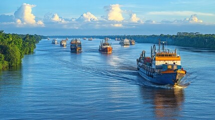 Fototapeta premium Convoy of Ships Navigating a Tropical River