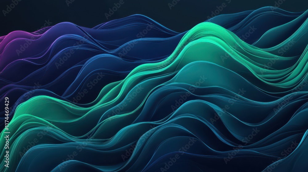 Poster a vibrant, abstract representation of flowing waves in shades of green and blue, creating a sense of