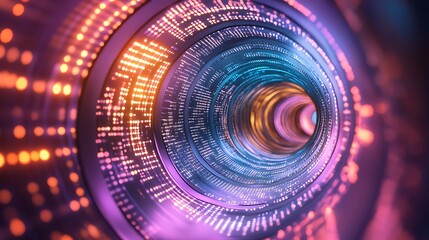 Futuristic spiral tunnel with glowing circuitry patterns on metallic walls