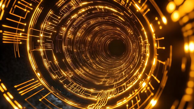 Futuristic spiral tunnel with glowing circuitry patterns on metallic walls