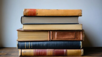 Fototapeta premium Stack of vintage books on wooden surface.