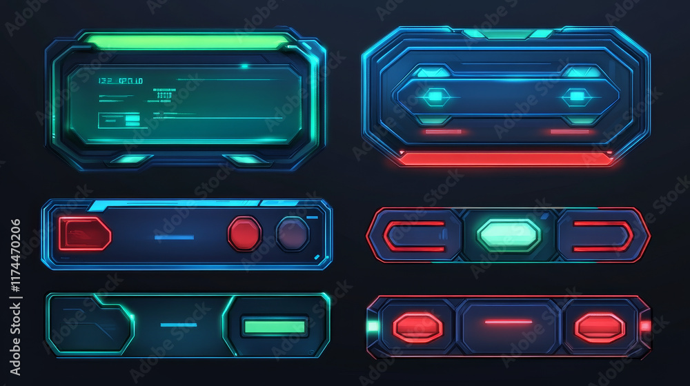 Poster set of game frames, bars and menu buttons cartoon interface elements. empty borders with banners, ui