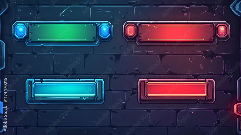 Poster set of game frames, bars and menu buttons cartoon interface elements. empty borders with banners, ui