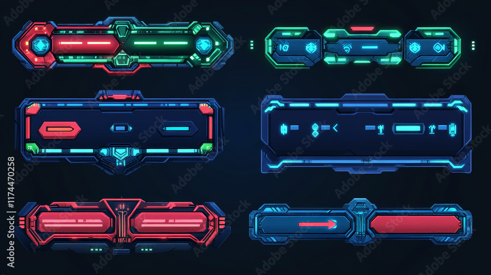 Poster set of game frames, bars and menu buttons cartoon interface elements. empty borders with banners, ui