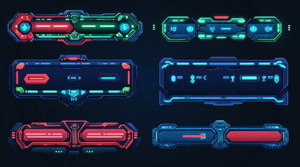 Set of game frames, bars and menu buttons cartoon interface elements. Empty borders with banners, ui or gui design blue, red and green scales, play, pause keys, user panel settings isolated vector kit