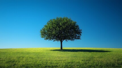 A lone tree stands tall in a vast open field under a brilliant blue sky creating a tranquil and serene landscape
