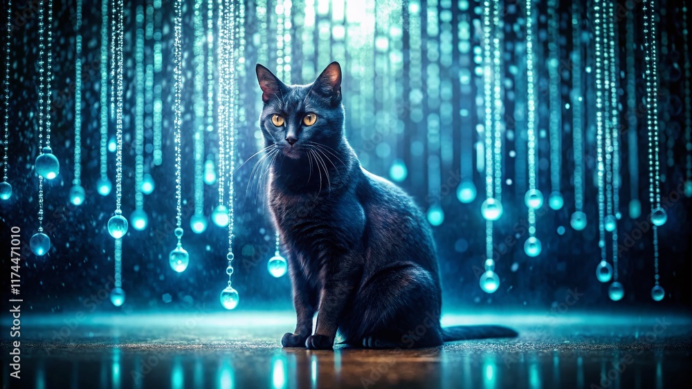 Poster black cat in binary code cascade - mysterious deja vu stock photo