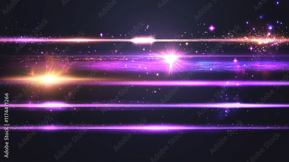 Poster Light dividers, abstract flare lines with glow and shine effect. Shiny borders of flash, glare or light motion with beams and sparkles. Illuminated stripes, vector realistic set