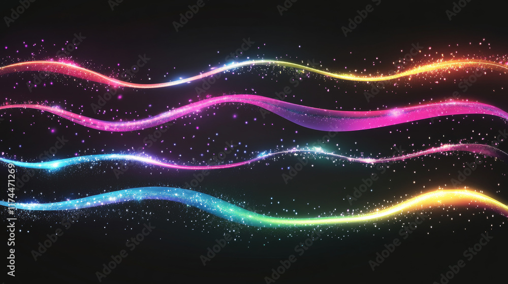Poster Light dividers, abstract flare lines with glow and shine effect. Shiny borders of flash, glare or light motion with beams and sparkles. Illuminated stripes, vector realistic set