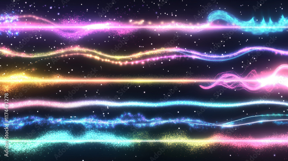 Poster Light dividers, abstract flare lines with glow and shine effect. Shiny borders of flash, glare or light motion with beams and sparkles. Illuminated stripes, vector realistic set