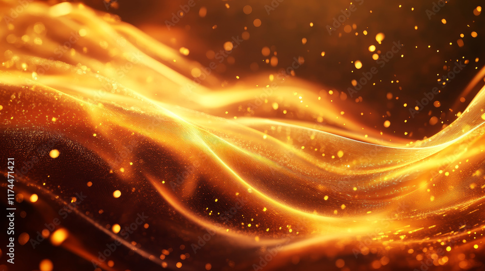 Poster sparks in motion with blur and bokeh, speed light effect. flare with golden lines perspective view. 