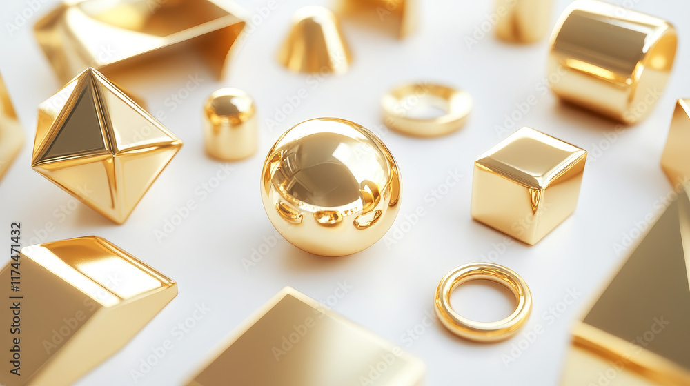 Poster isolated abstract geometric gold 3d shape vector object. realistic golden cylinder and ring element 