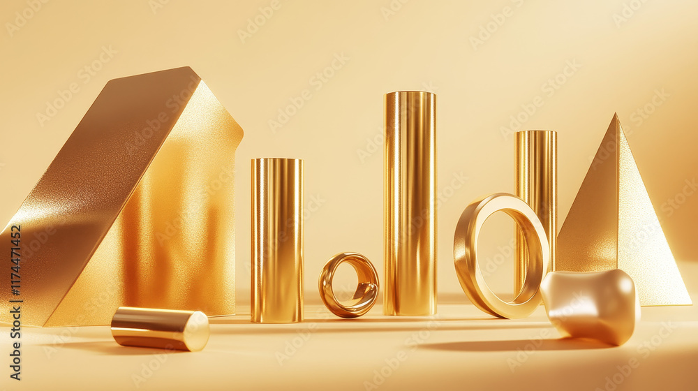 Poster isolated abstract geometric gold 3d shape vector object. realistic golden cylinder and ring element 