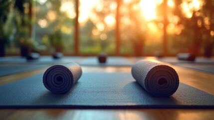 Yoga mats are arranged in a serene setting with warm sunlight filtering through windows.
