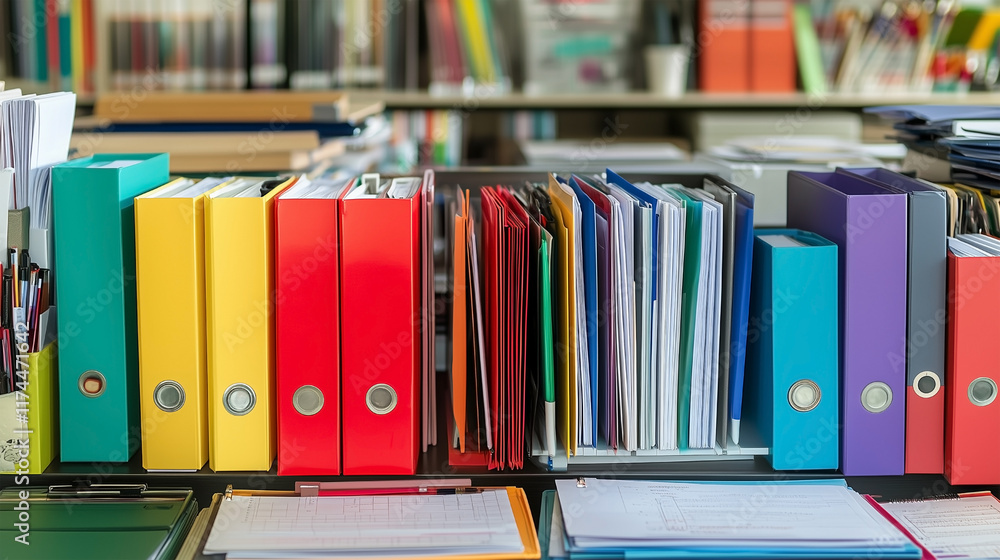 Poster a row of colorful binders on a table