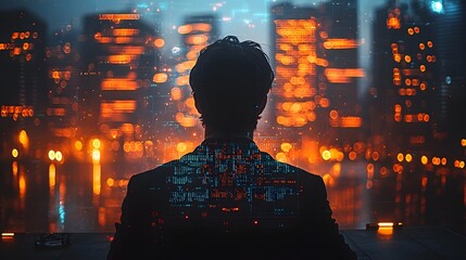 Focused Futuristic Businessman Surrounded by Holographic Financial Data in Advanced Workspace