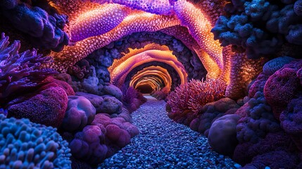 Obraz premium Organic spiral tunnel made of glowing coral-like structures in vibrant tones