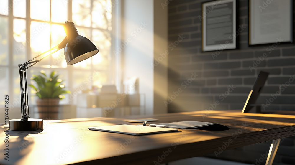 Poster a desk with a lamp on it and a notebook