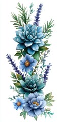Fototapeta premium Elegant blue floral arrangement with succulents, lavender, and daisies.