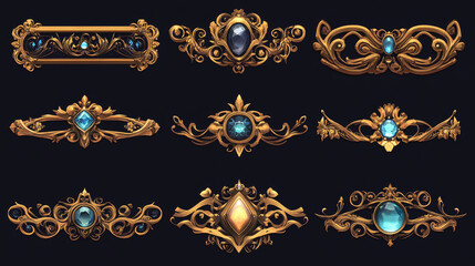 Set of round golden avatar frames isolated on background. Vector cartoon illustration of fantasy borders decorated with shiny metal ornament and colorful gemstone nameplates. Gui design elements