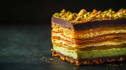 Ultra-realistic image of a slice of layered dessert with chocolate, pistachios, and caramel on a dark background