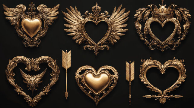 Cartoon set of golden heart avatar frames isolated on background. Vector illustration of fantasy game rank borders decorated with wings, arrows and luxury royal crown with gemstones. Design elements