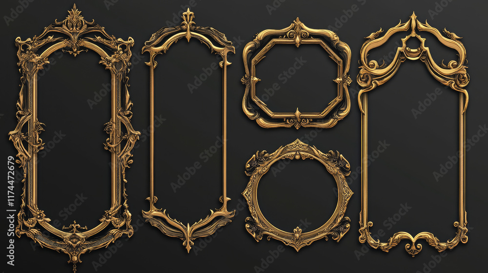 Poster cartoon set of square golden game rank frames isolated on background. vector illustration of medieva