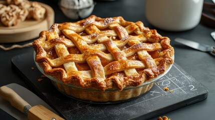 Creative representation of Pi Day with a pie and mathematical symbols on a chalkboard.