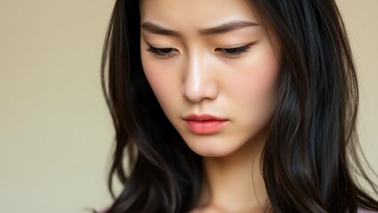 Fototapeta premium close-up of a young woman with long, dark hair and a serious expression. She has defined eyebrows and natural-looking makeup, which highlights her thoughtful demeanor. 